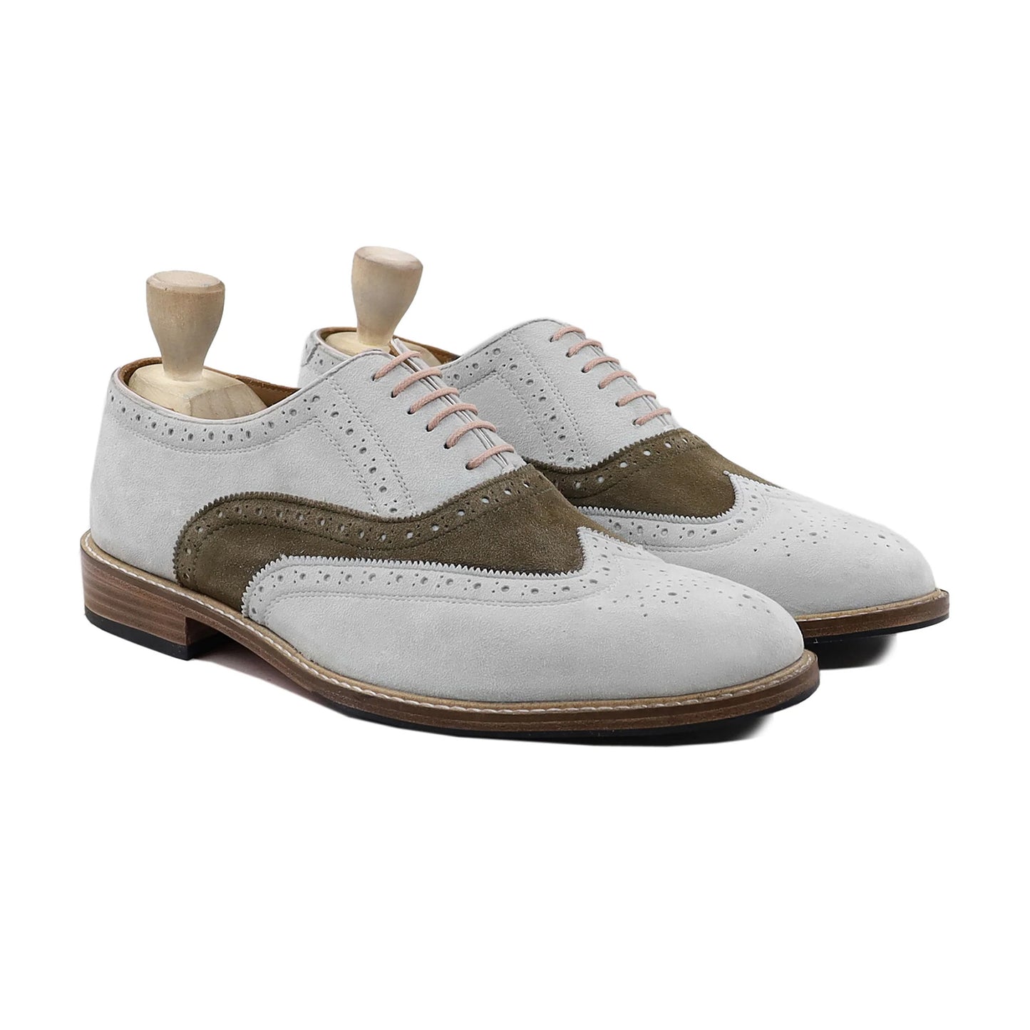 Handmade, Custom Men's White and Brown Kid Suede Oxford Shoe