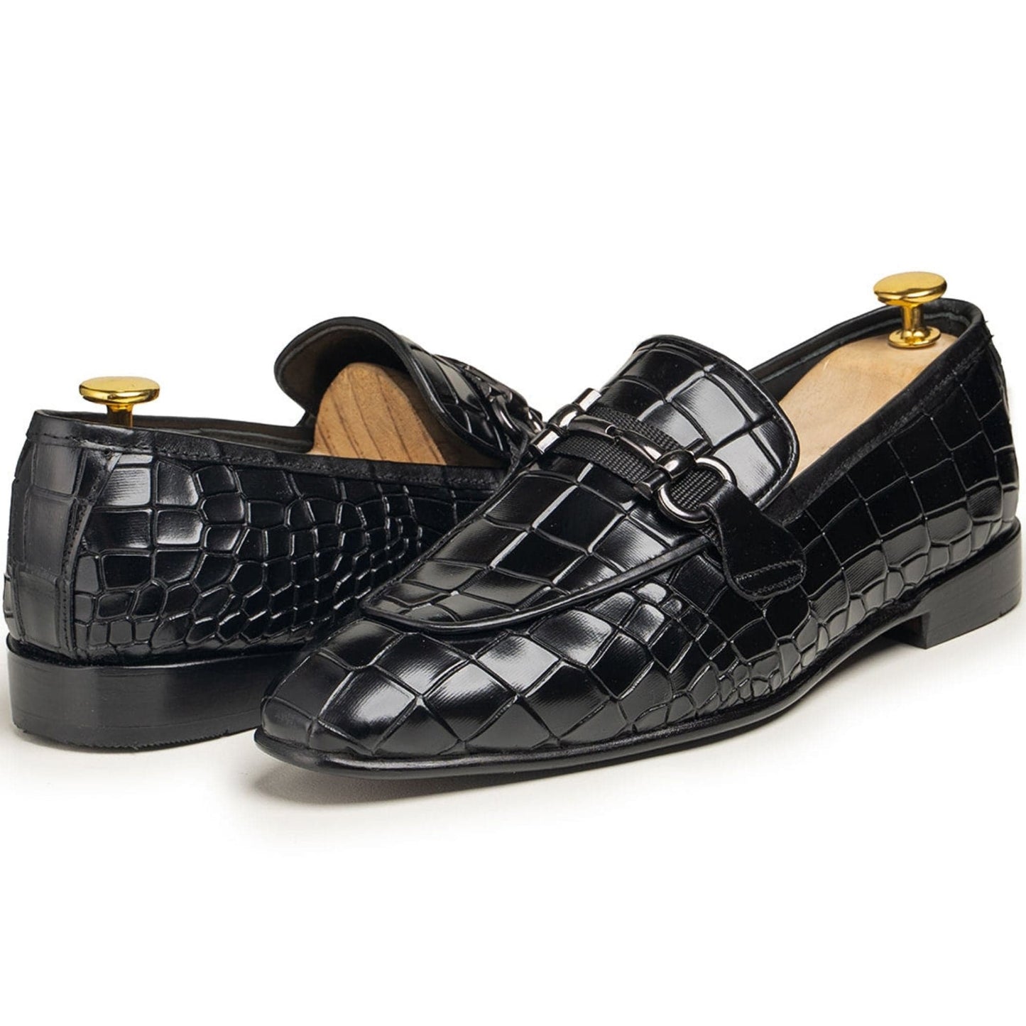 noirtide Hand-Made Custom Black Crocodile Pattern Leather Loafers