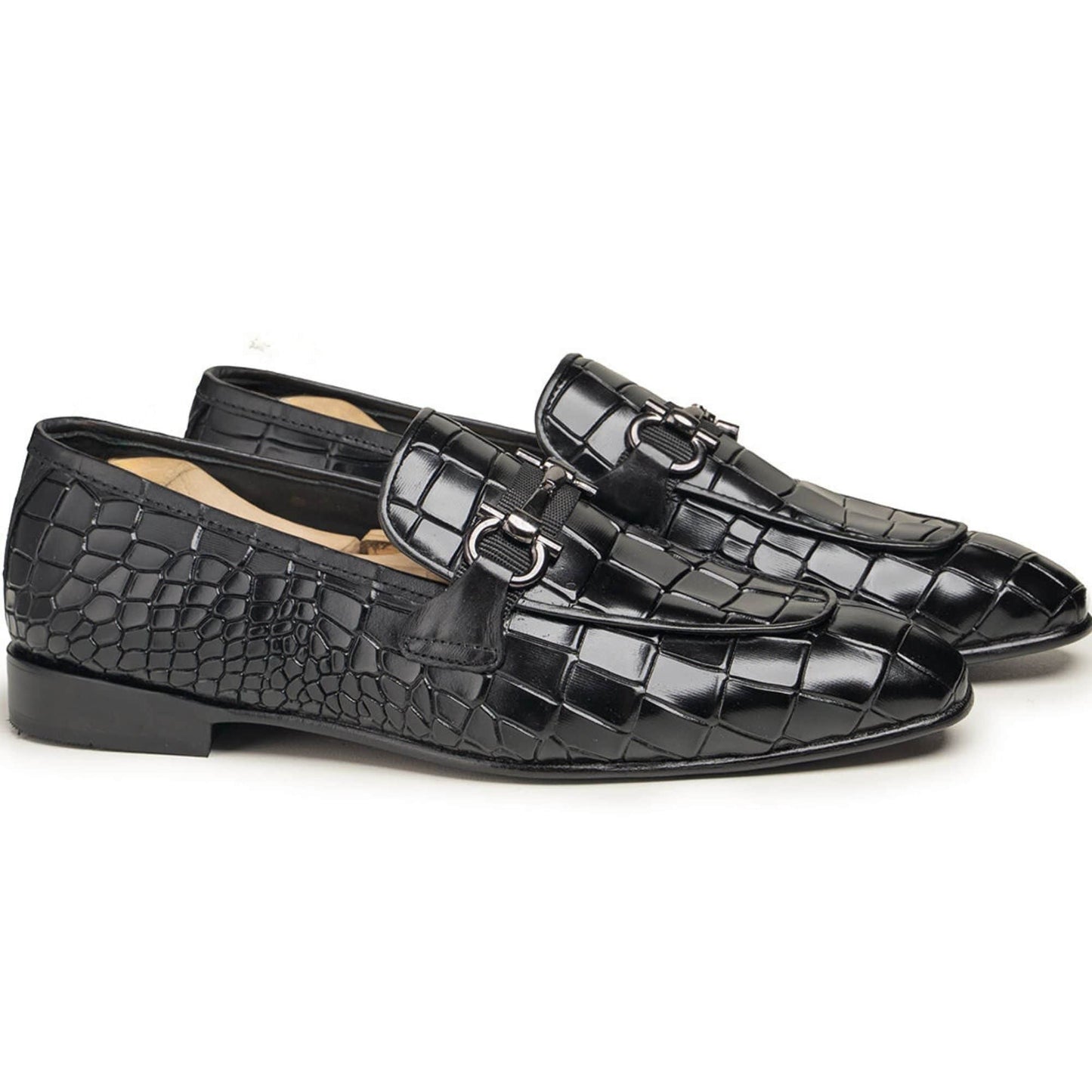 noirtide Hand-Made Custom Black Crocodile Pattern Leather Loafers