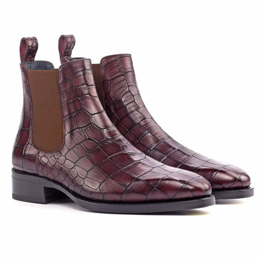 noirtide Handmade Bespoke Burgdundy Crocodile Pattern Leather Chelsea Boots For Men