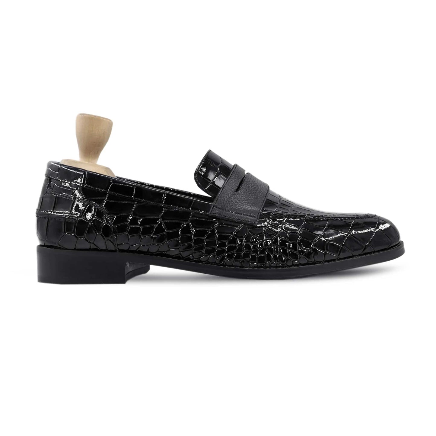 Noirtide Handmade Custom Black Crocodile Pattern Leather Mens Loafers