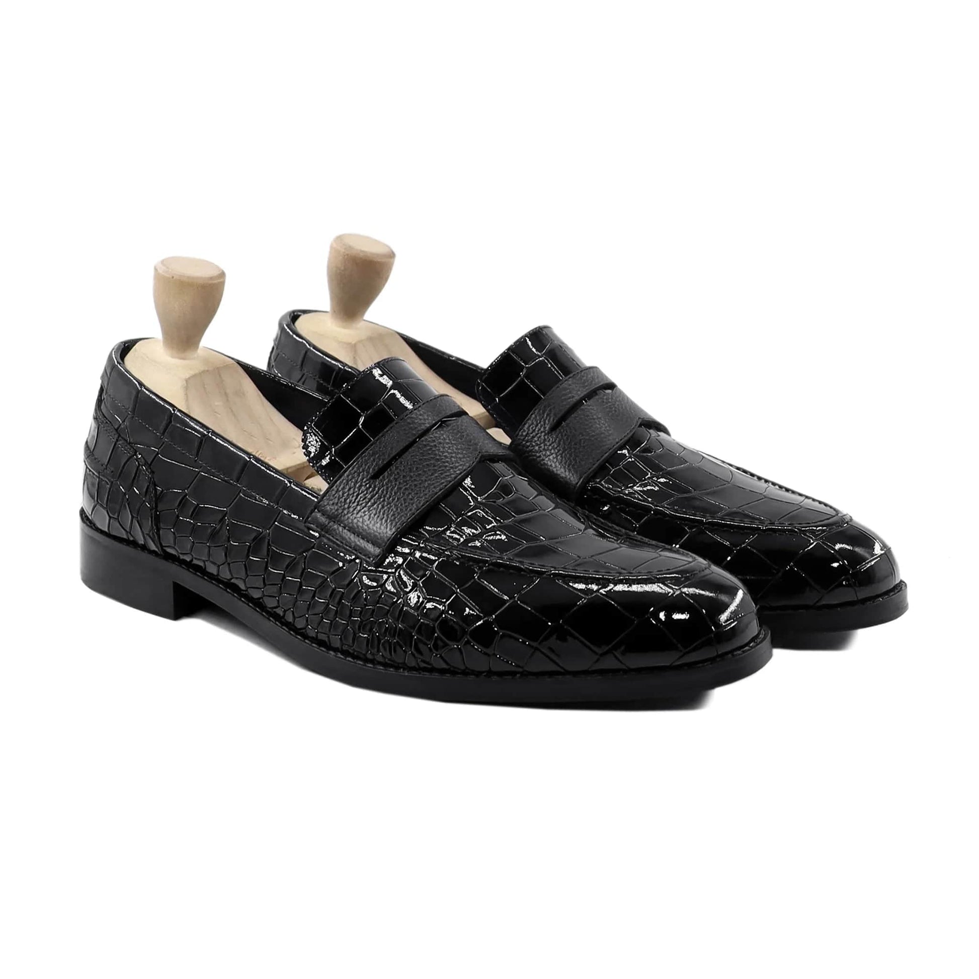 Noirtide Handmade Custom Black Crocodile Pattern Leather Mens Loafers