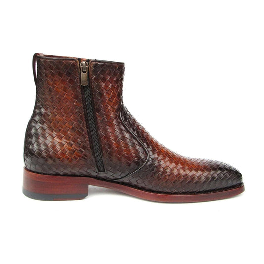 noirtide Handmade Custom Brown Burnished Woven Leather Zipper Boots