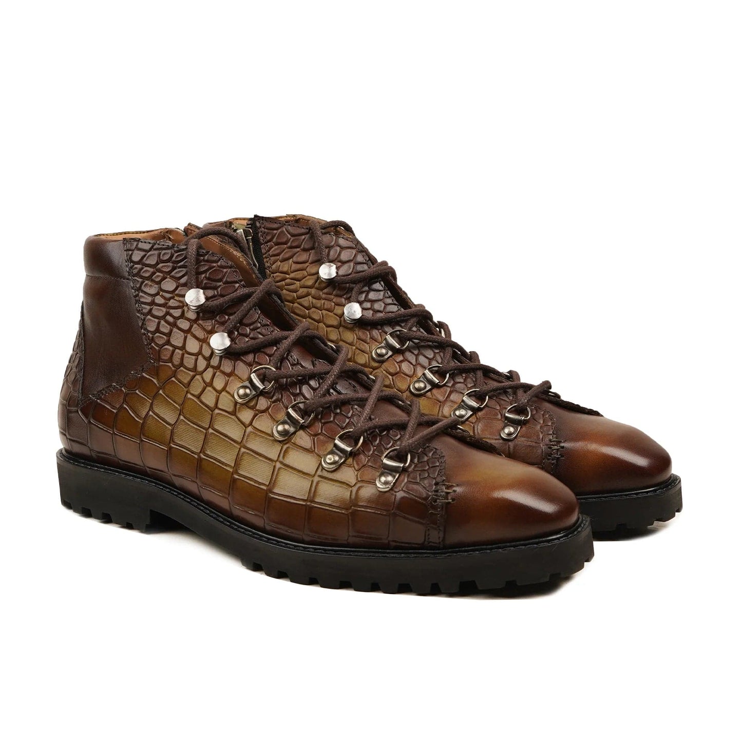 noirtide Handmade Custom Brown Crocodile Pattern Leather Laceup Boots For Men