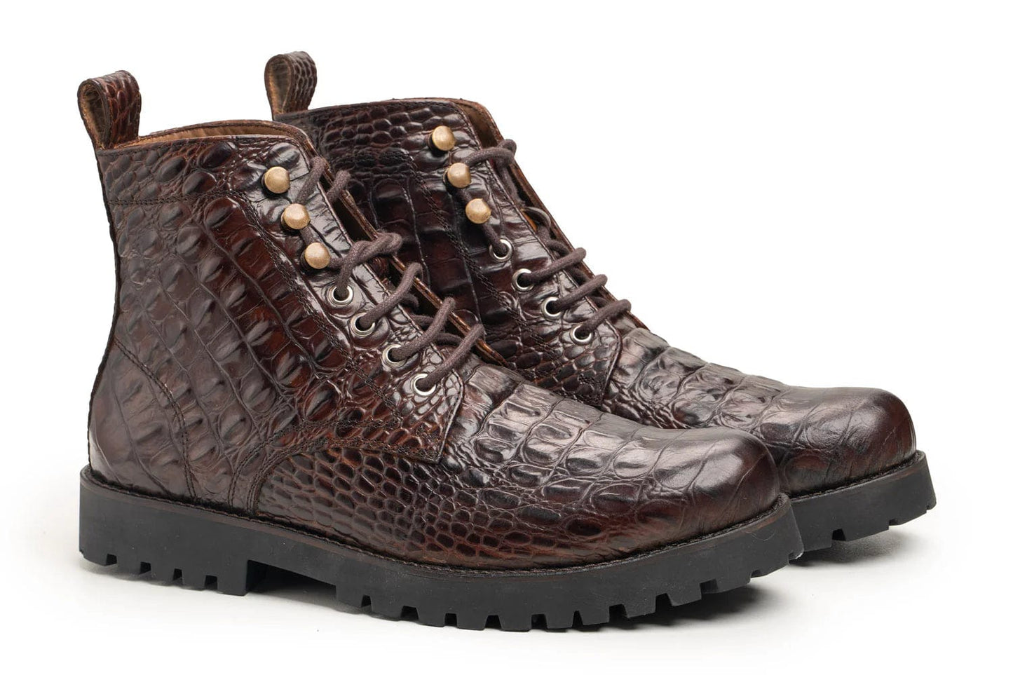 noirtide Handmade Custom Brown Crocodile Pattern Leather Laceup Boots For Men