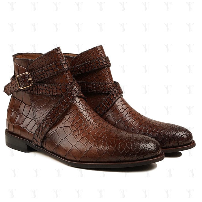 noirtide Handmade, Custom Corcodile Pattern Leather Men Brown Jodhpur Boots, Horse Riding Boots