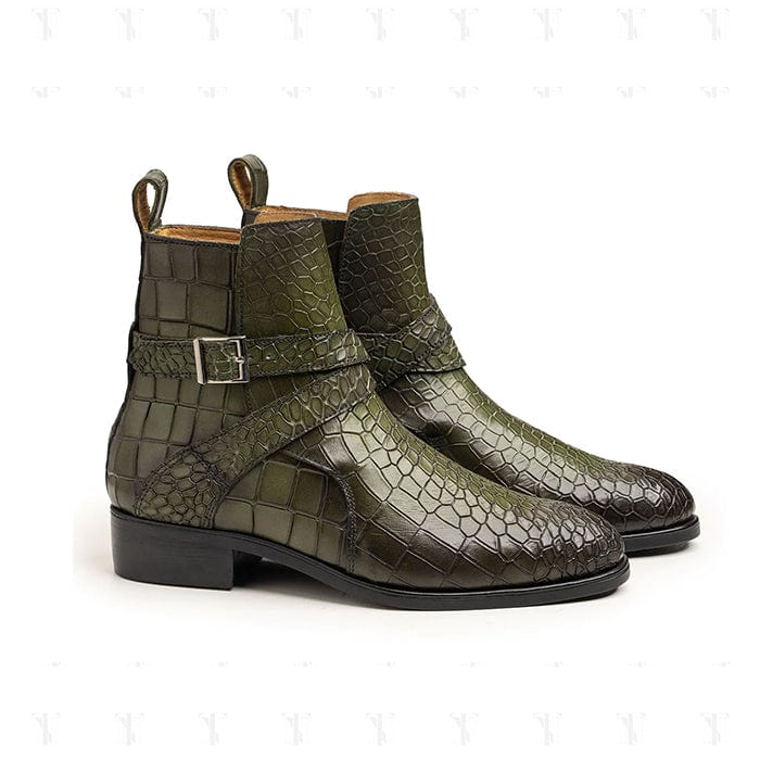 noirtide Handmade, Custom Crocodile Pattern Leather Men Green Jodhpur Boots, Horse Riding Boots