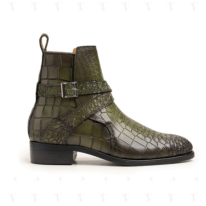 noirtide Handmade, Custom Crocodile Pattern Leather Men Green Jodhpur Boots, Horse Riding Boots