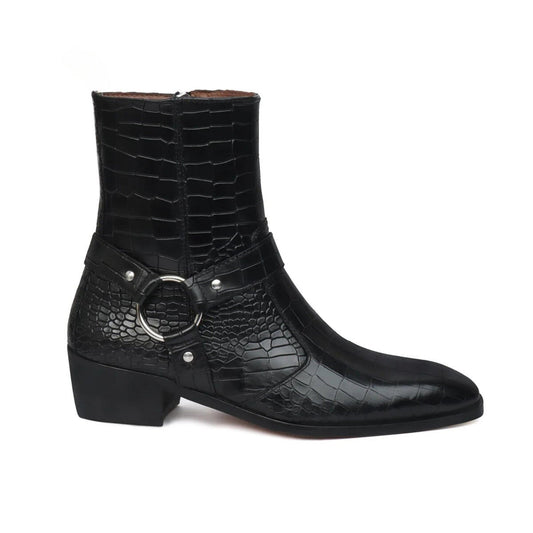 noirtide Handmade Custom Dark Black Leather Crocodile Pattern Jodhpur Boots For Men