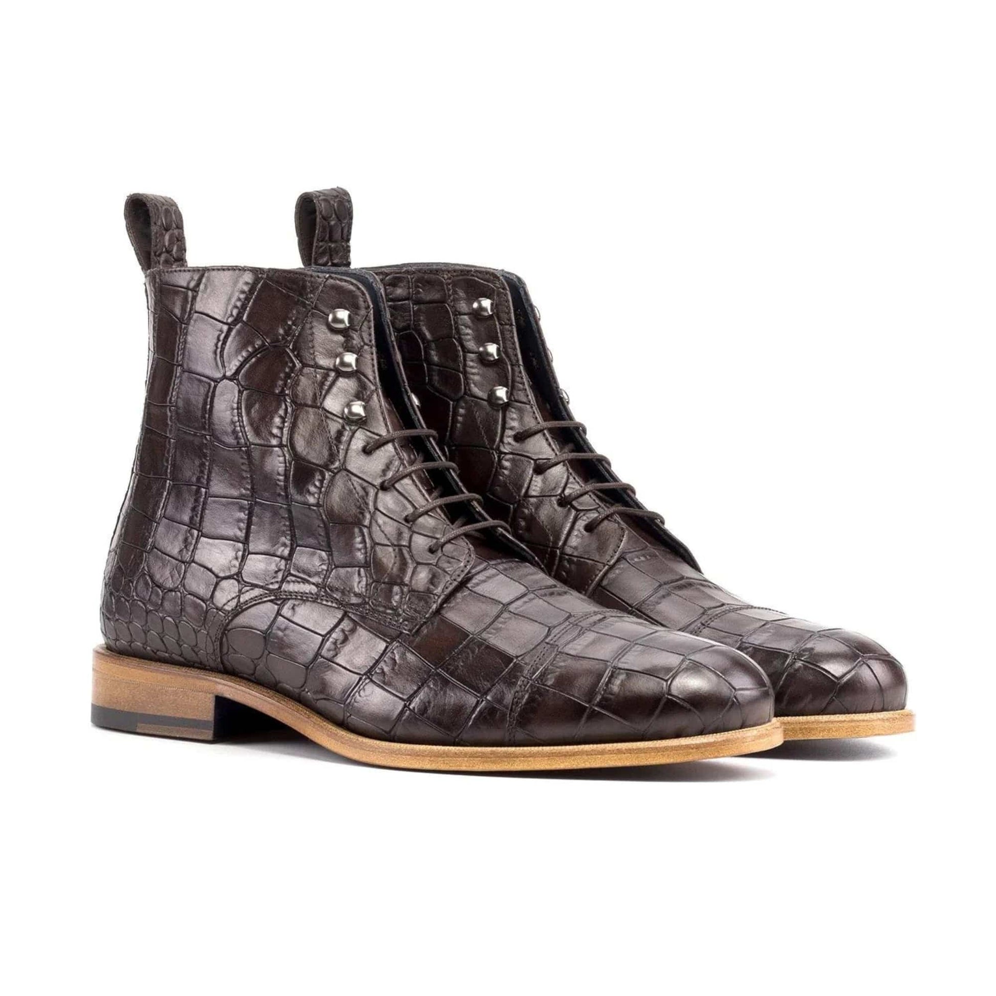 noirtide Handmade Custom Dark Brown Crocodile Print leather Jumper Boots For Men