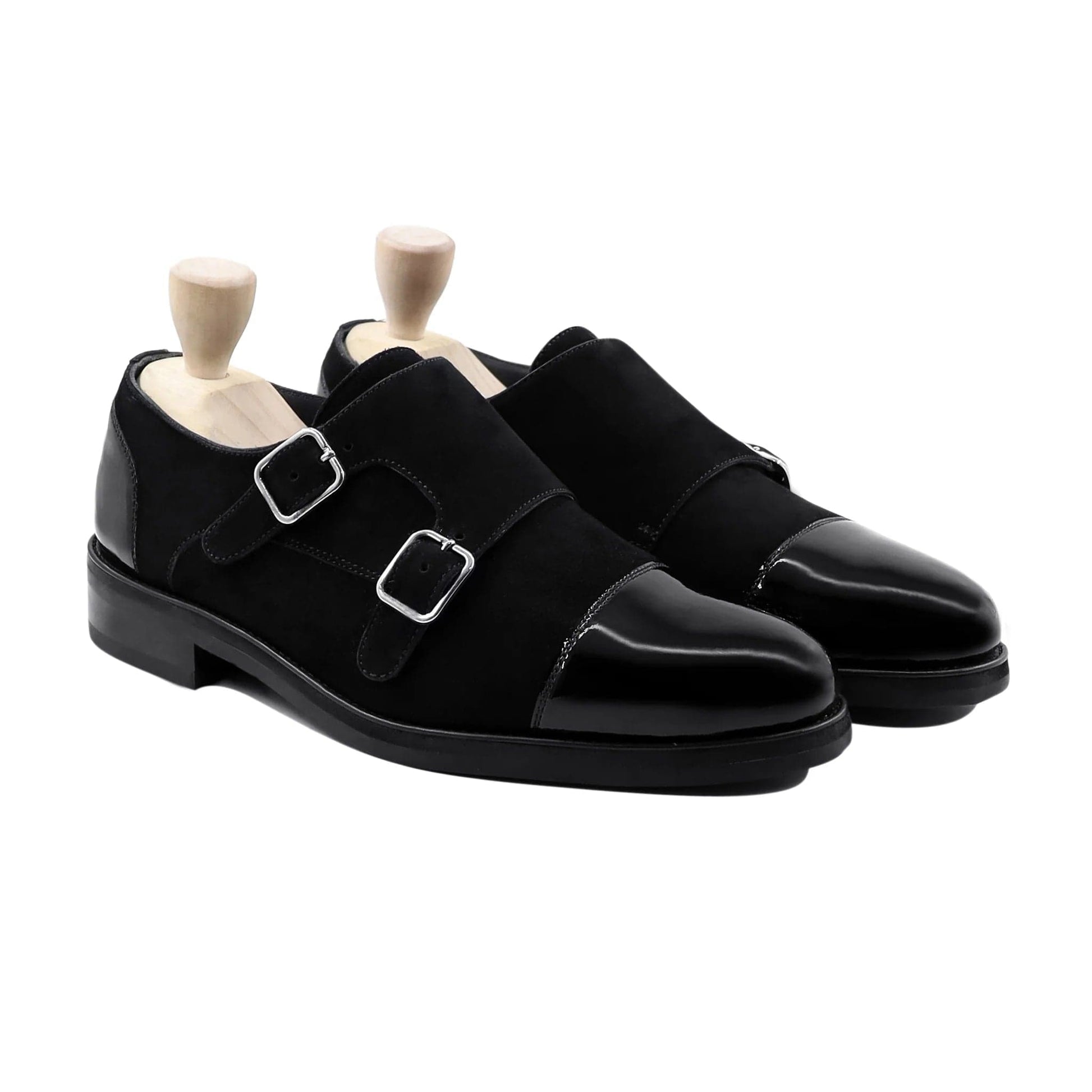 noirtide Handmade Custom Men Black Calf & Suede Leather Double Monkstrap Shoes