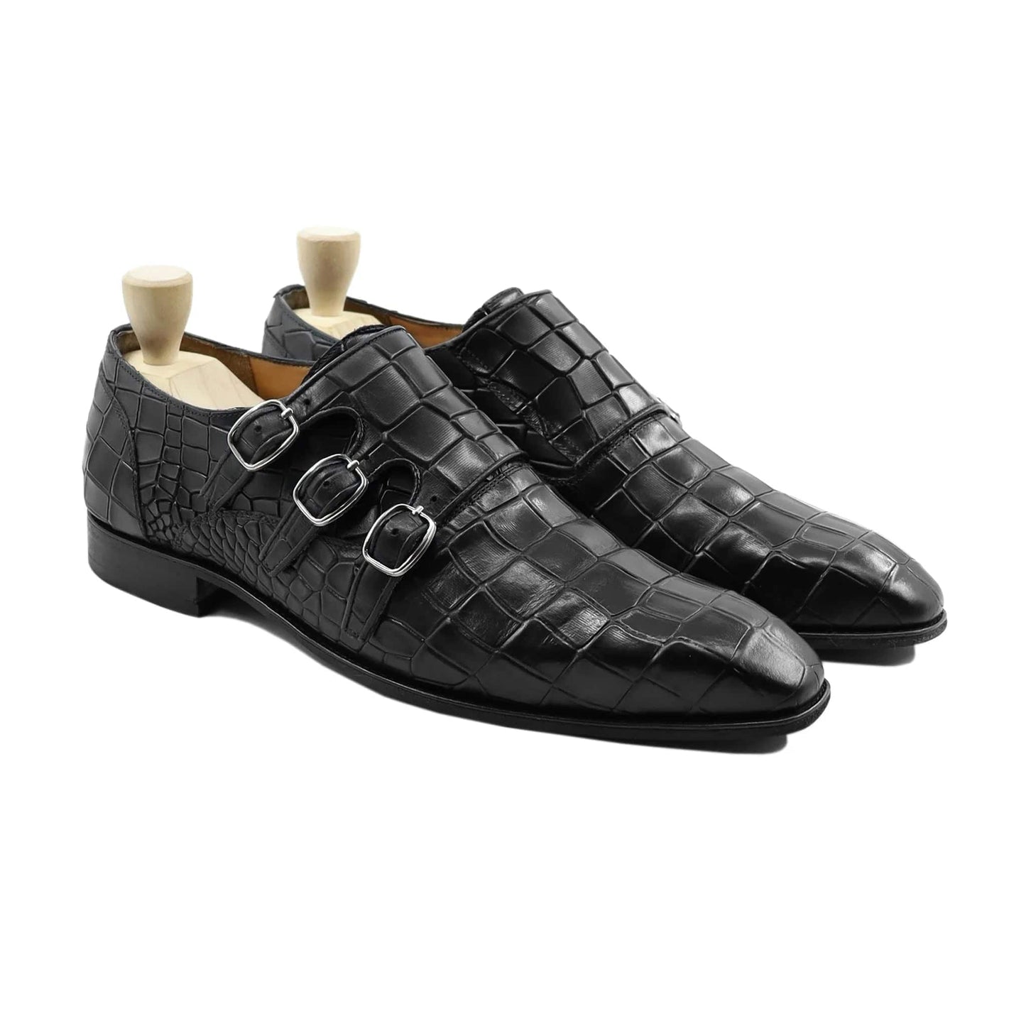 noirtide Handmade Custom Men Black Leather Crocodile Pattern Triple Monkstrap Shoes