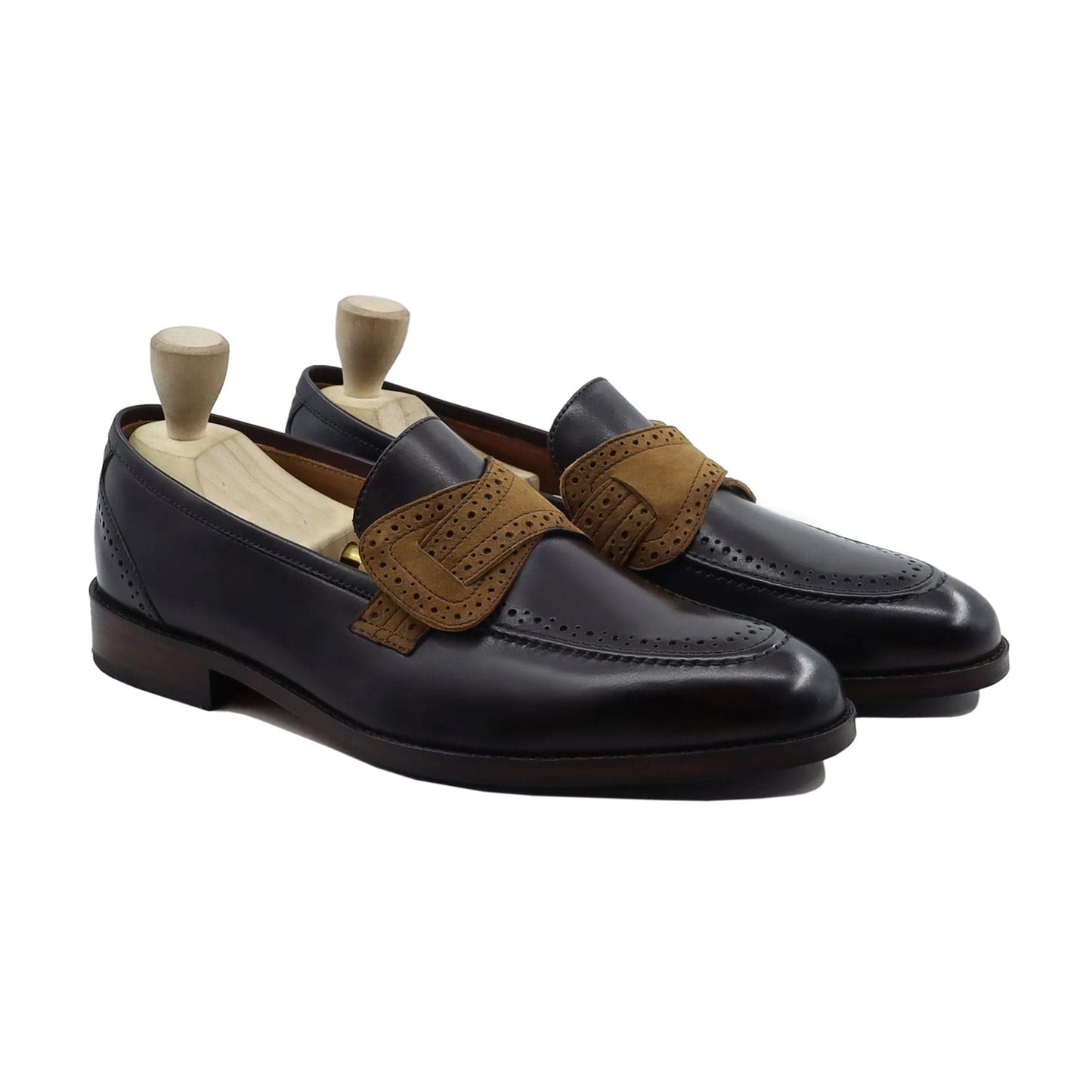 noirtide Handmade, Custom Men's Black Calf and camel kid Suede Loafer