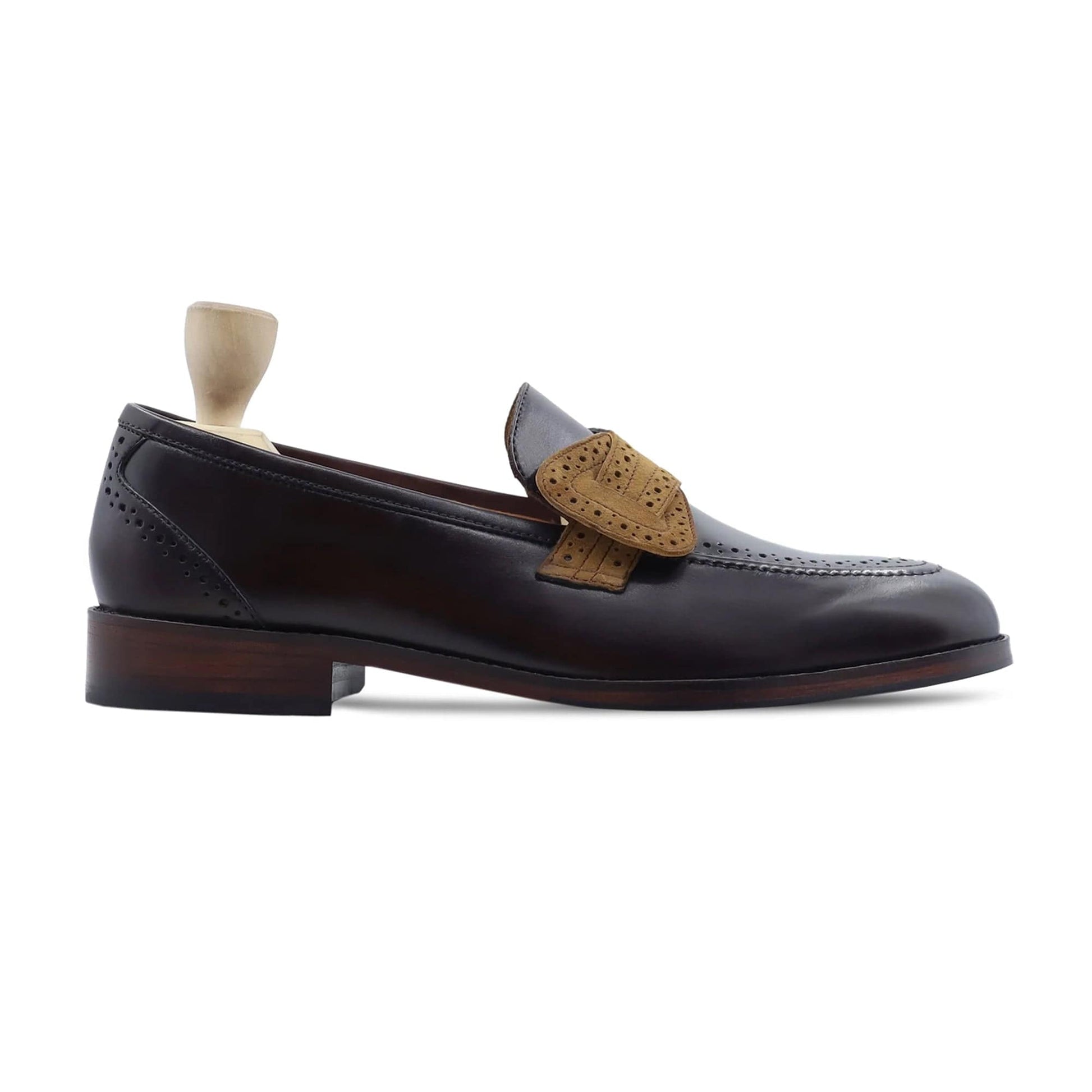 noirtide Handmade, Custom Men's Black Calf and camel kid Suede Loafer