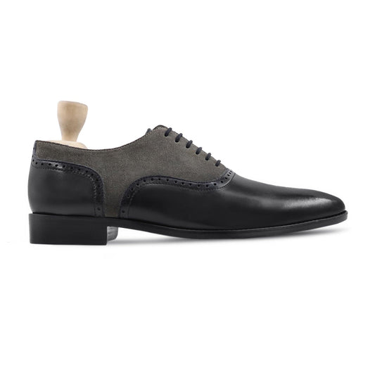 noirtide Handmade, Custom Men's Black Calf Leather Grey Kid Suede Oxford Shoe