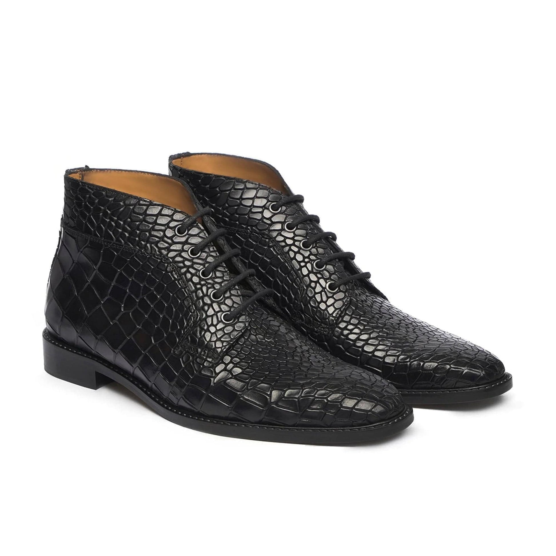 noirtide Men Boots Handmade, Custom Men's Black Crocodile Pattern Calf Leather Chukka Boot