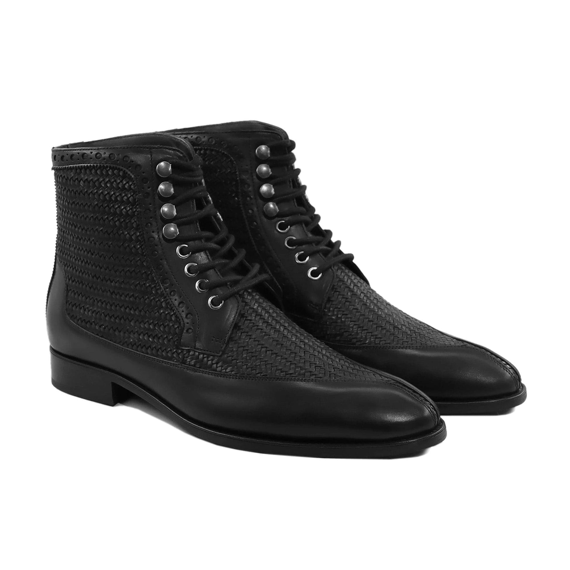 noirtide Handmade Custom Men's Black Hand-Woven Calf Leather Boot