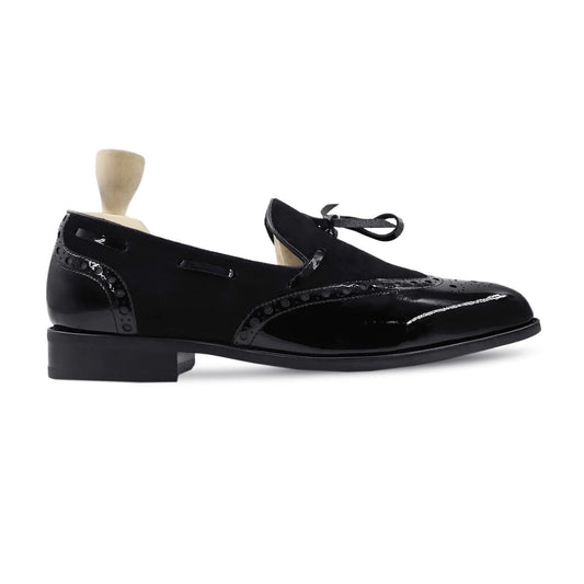 noirtide Handmade, Custom Men's Black Patent Leather and Kid Suede Loafer