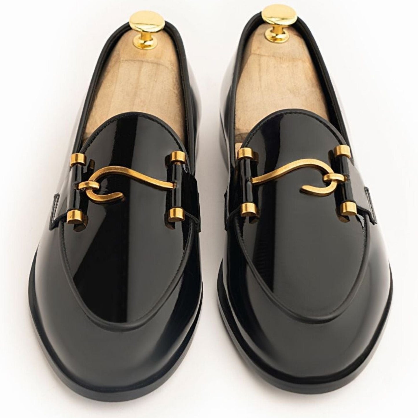 noirtide Handmade Custom Men's Buckled Black Patent Leather Loafers