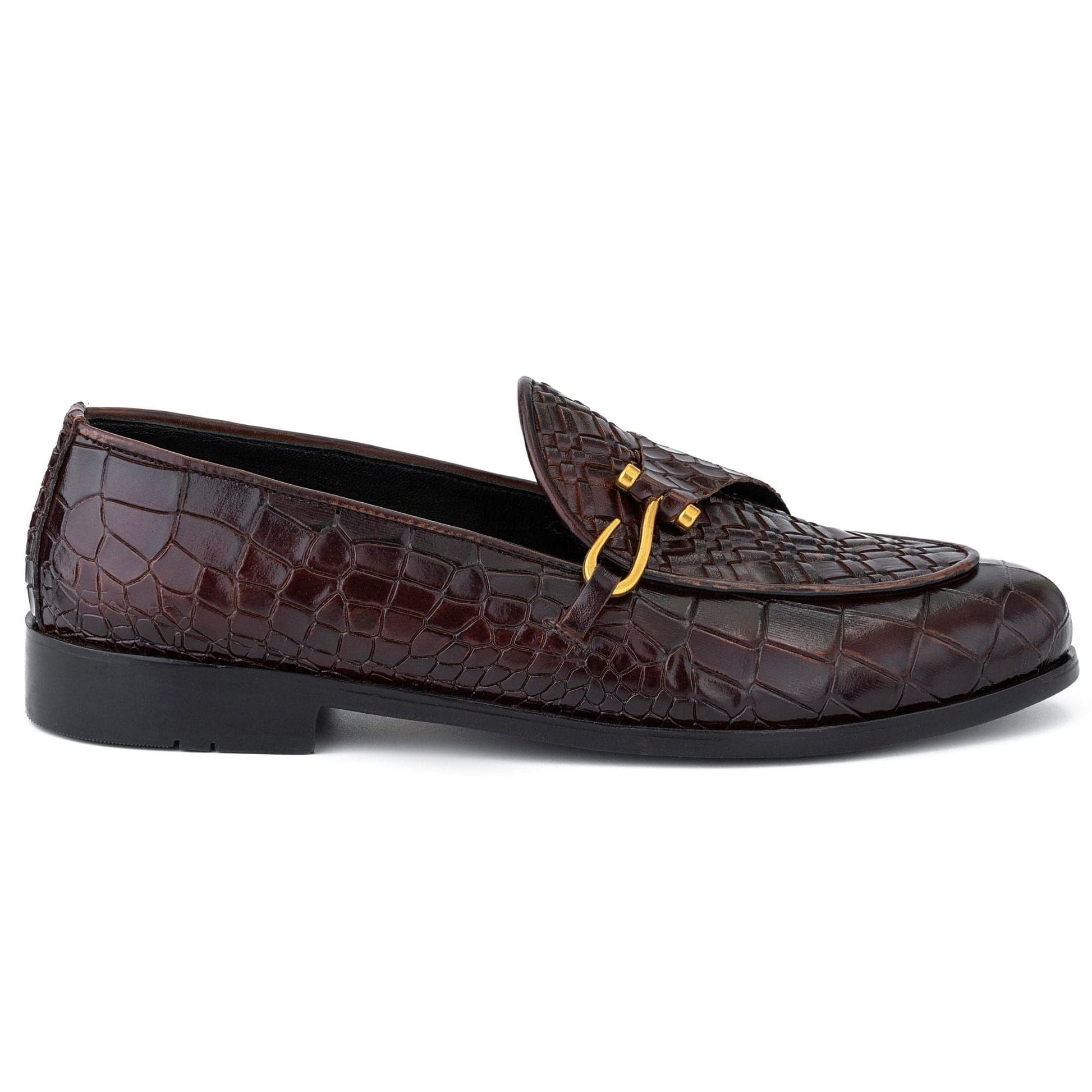 noirtide Handmade Custom Men's Buckled Dark Brown Crocodile Pattern Leather Loafers