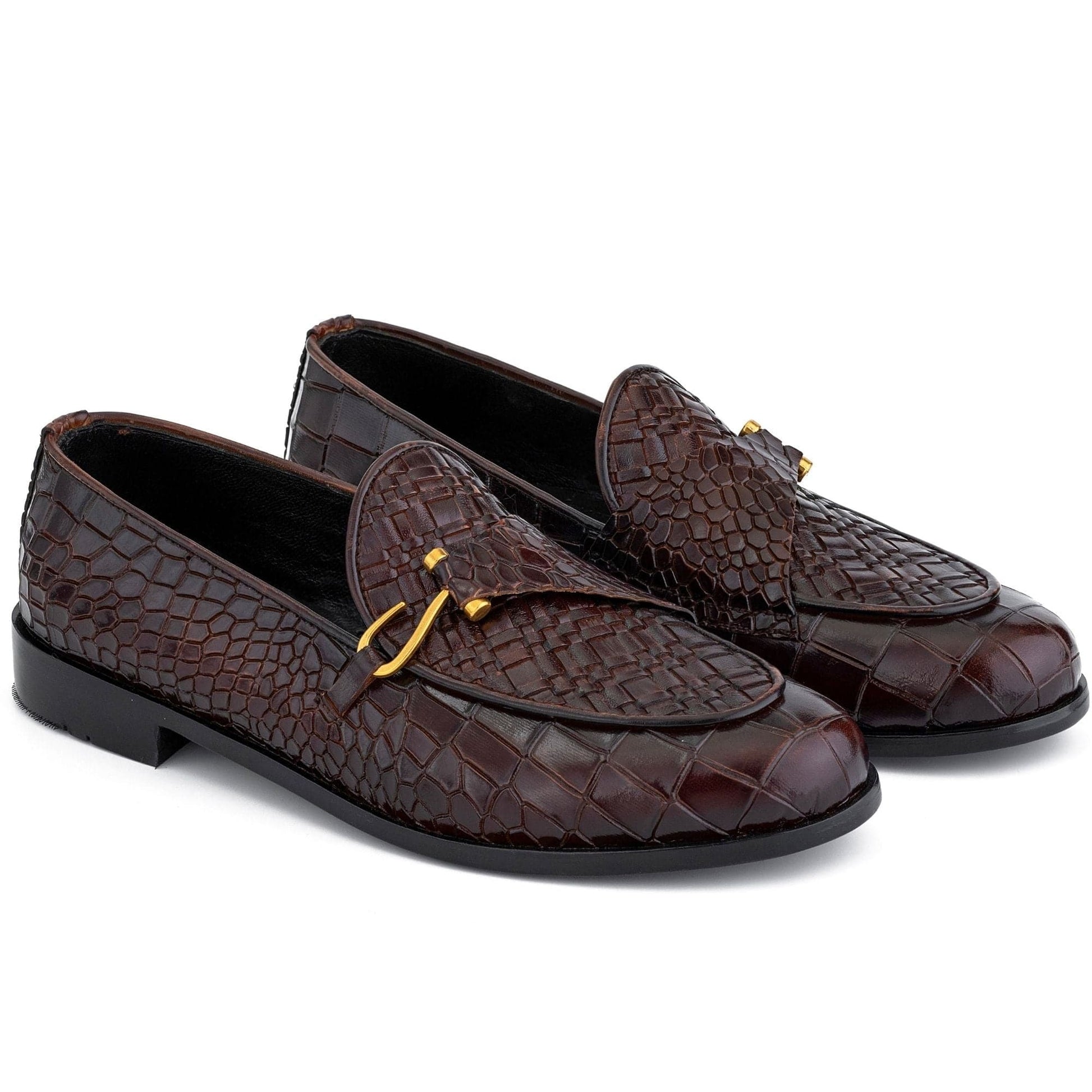 noirtide Handmade Custom Men's Buckled Dark Brown Crocodile Pattern Leather Loafers