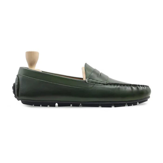 noirtide Handmade, Custom Men's Green Calf Leather Loafer Shoe