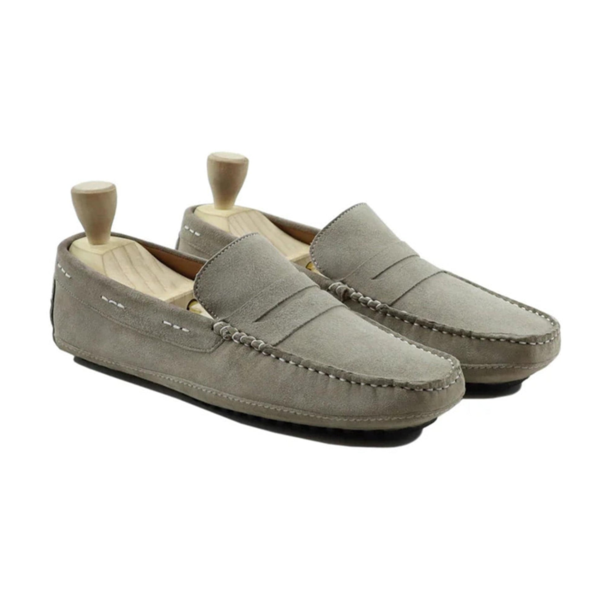 noirtide Handmade, Custom Men's Grey Kid Suede Leather Loafer Shoe