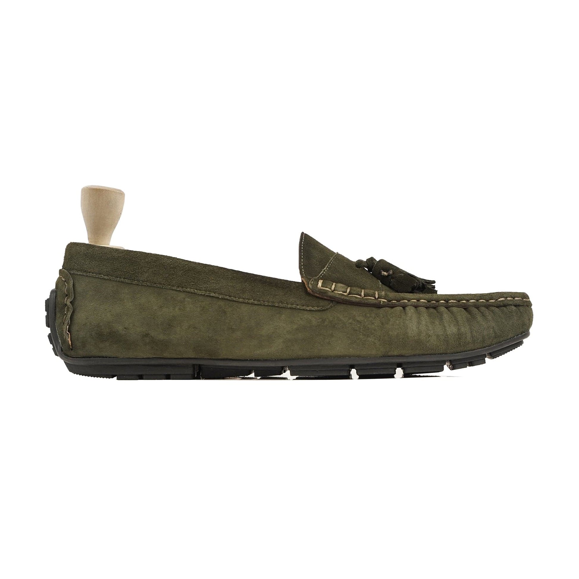 noirtide Handmade, Custom Men's Olive Green Kid Suede Loafer Shoe