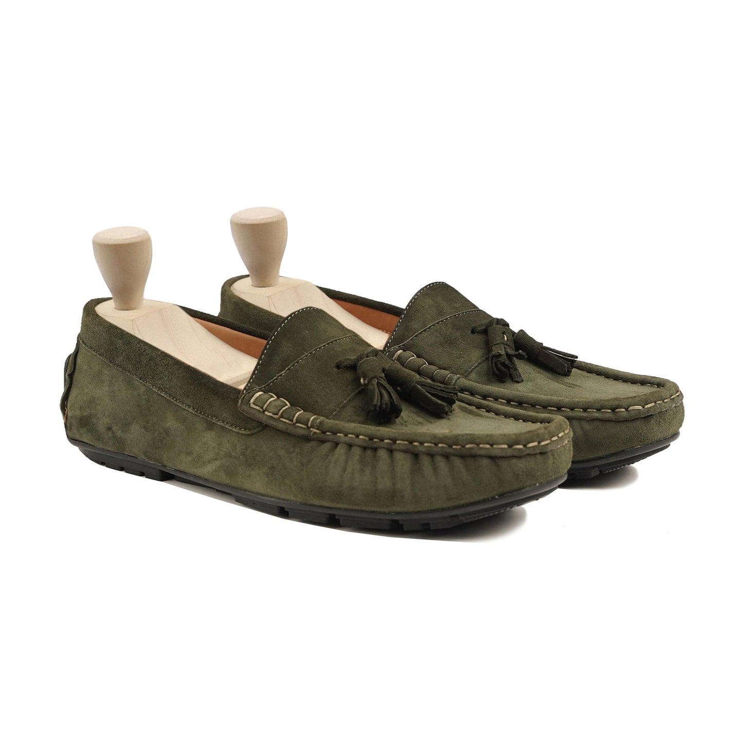 noirtide Handmade, Custom Men's Olive Green Kid Suede Loafer Shoe