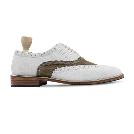 noirtide Men Shoes US 4.5 / Leather Handmade, Custom Men's White and Brown Kid Suede Oxford Shoe