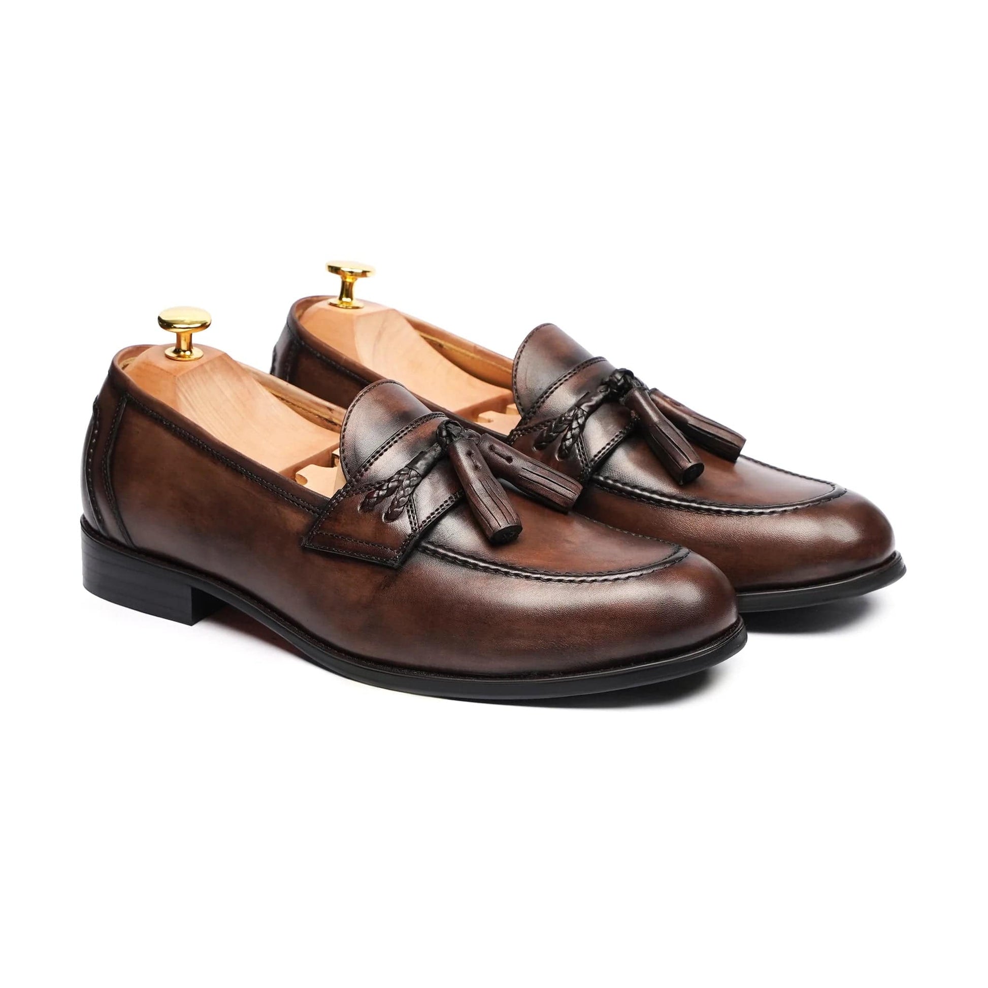 noirtide Handmade Customizable Patina Calf Leather Brown Men Tassel Loafer