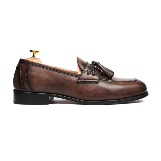 noirtide Handmade Customizable Patina Calf Leather Brown Men Tassel Loafer